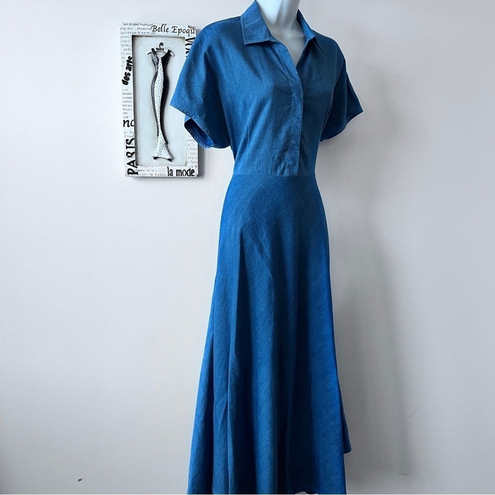 NWT AKRIS PUNTO Minimalist Washed Denim Midi Dress Cutout Kimono Sleeves Size 8 - Picture 4 of 14